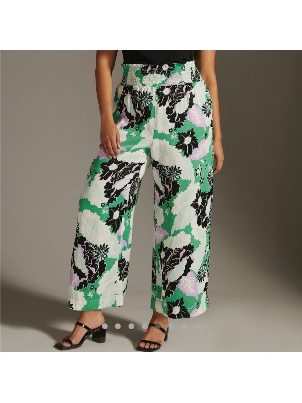 Anthropologie Saria smocked Floral Green Wide Leg Pants Stretch Pockets Sz M